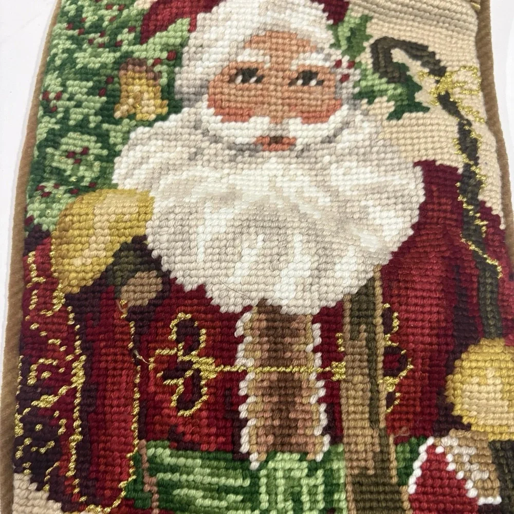 Vintage Santa Claus Wool Needlepoint Christmas Stocking Gold Velvet Backing 15